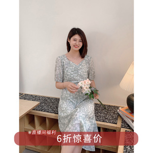 气质温柔风雪纺碎花绿色显瘦开叉连衣裙女夏 6折福利款 8.2