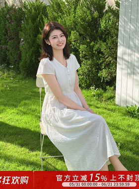 紫璐莱夏日白莲~法式气质肌理感收腰显瘦小飞袖白色v领衣裙女84X
