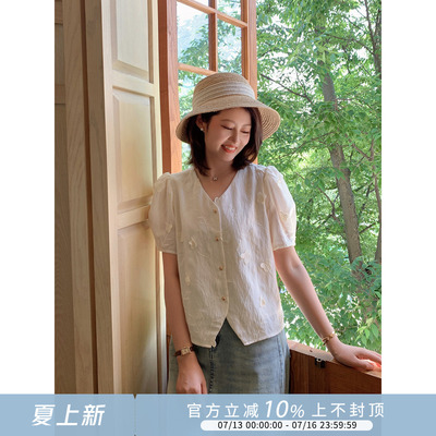 紫璐莱法式气质短袖蝴蝶刺绣衬衫