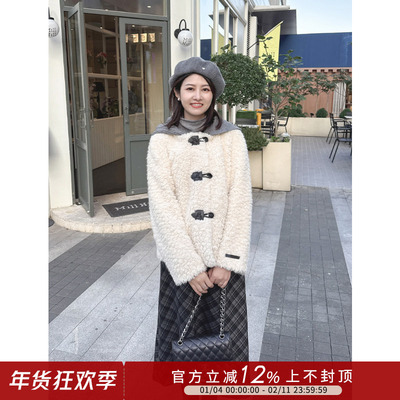 针织连帽拼接皮毛一体羊羔毛外套