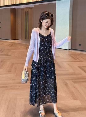 紫璐莱夏花紫~法式度假风碎花吊带连衣裙针织薄开衫套装两件套16X
