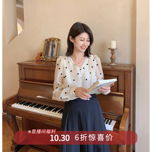 【10.30 6折福利款】法式温柔气质植绒波点光泽感长袖衬衫上衣女