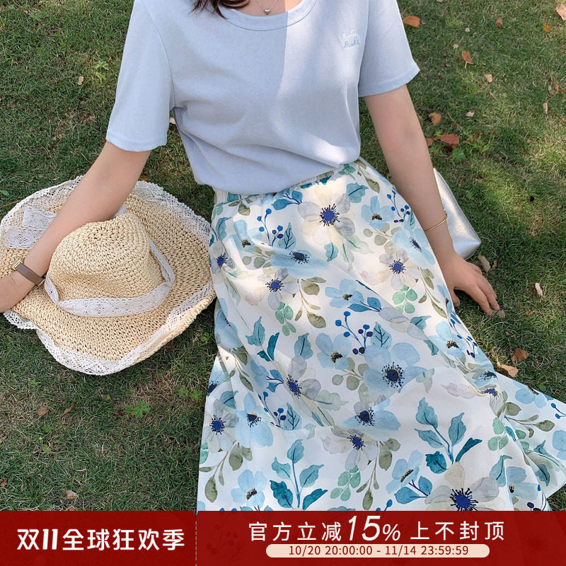 紫璐莱花漾~欧若风棉感植物印花松紧腰显瘦A字半身裙伞裙女夏916X