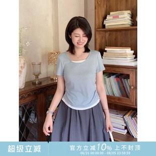 假两件褶皱收腰显瘦莱赛尔薄款 紫璐莱自由简意 圆领T恤上衣女992X