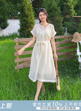 紫璐莱长夏月光~法式气质温柔风白色V领短袖系带收腰连衣裙女47X