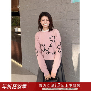 紫璐莱春日花花~设计感线条花朵100%羊毛宽松圆领毛衣针织衫女17X