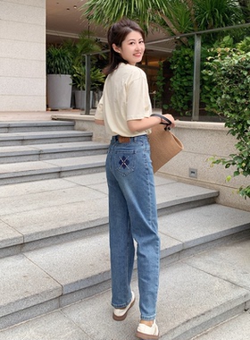 紫璐莱如沐春风~春款格纹设计感高腰直筒水洗蓝色休闲牛仔裤子39X