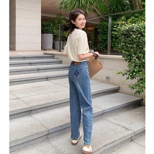 子39X 格纹设计感高腰直筒水洗蓝色休闲牛仔裤 紫璐莱如沐春风 春款