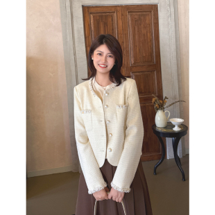 外套女秋075X 复古气质高级感白色小香风短款 紫璐莱淡雅白茶 法式