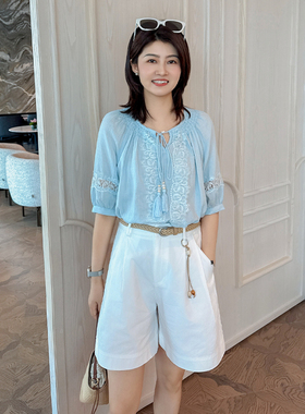 紫璐莱漫夏时光~法式温柔风刺绣镂空蕾丝系带灯笼袖衬衫上衣女79X