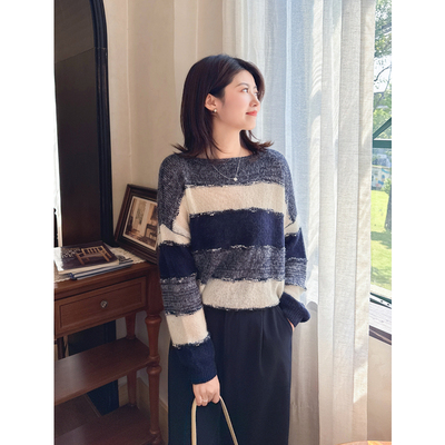 撞色条纹软糯马海毛针织衫上衣