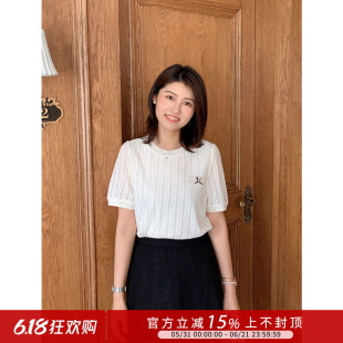 紫璐莱诗笺~法式气质设计感蕾丝镂空圆领短袖针织T恤上衣女夏906X