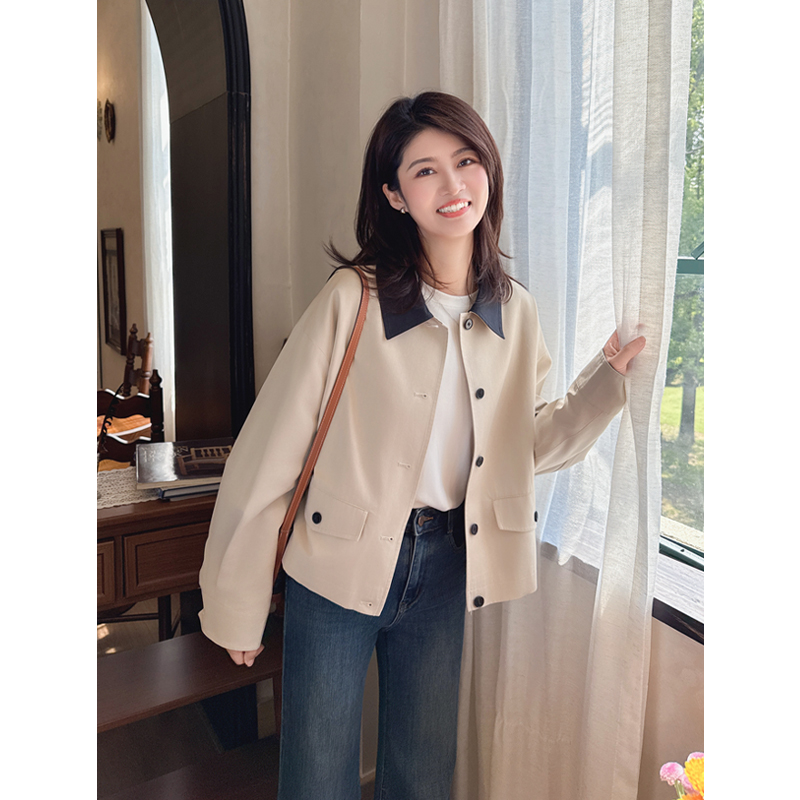 巴恩风撞色翻领小个子短款风衣