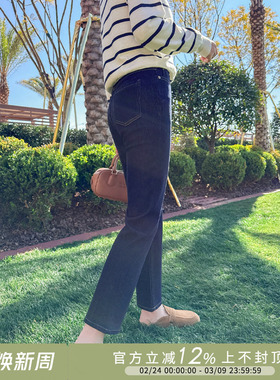 紫璐莱筷子腿~小个子百搭显瘦休闲深蓝色直筒九分烟管牛仔裤女49X