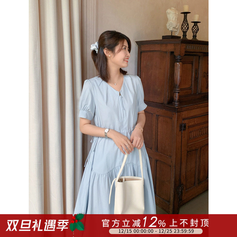 收腰短袖工装风通勤中长款连衣裙