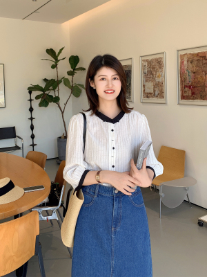 短袖气质通勤竖条纹印花女性衬衫