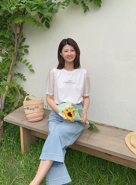 紫璐莱宁夏~简约百搭白色小圆领泡泡袖字母印花拼接T恤上衣女163W