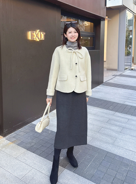 紫璐莱北岛漫旅~气质百搭显瘦开叉设计感中长款直筒驼绒半身裙47X