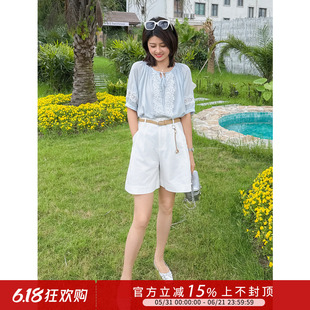 紫璐莱凉夏夜~莱赛尔棉夏日轻薄透气编织皮带百搭休闲短裤83X