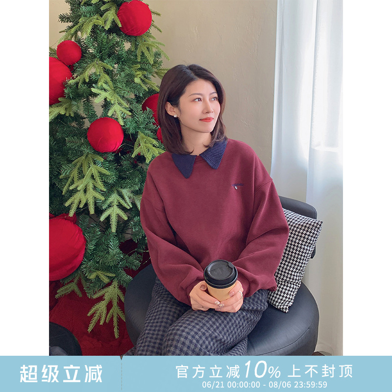 紫璐莱宽松撞色针织翻领加绒卫衣