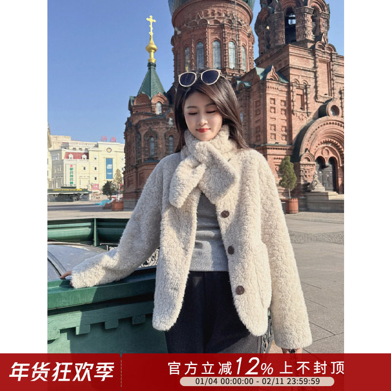 紫璐莱云朵hug~韩系设计感围脖领羊羔毛皮毛一体毛毛短外套女097X