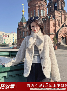 紫璐莱云朵hug~韩系设计感围脖领羊羔毛皮毛一体毛毛短外套女097X