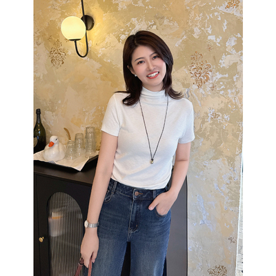 显瘦莫代尔半高领纯色短袖T恤