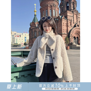 紫璐莱云朵hug~韩系设计感围脖领羊羔毛皮毛一体毛毛短外套女097X