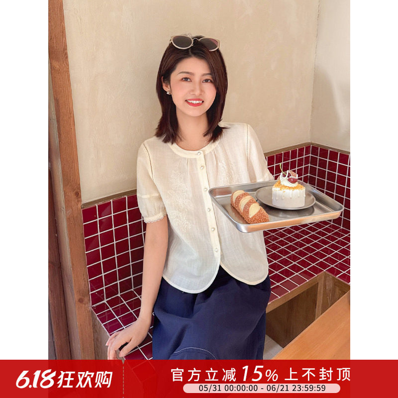 紫璐莱绣雅清兰~莱赛尔苎麻法式复古重工刺绣蕾丝短袖衬衫上衣59X