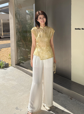 紫璐莱夏清风~新中式天丝短袖提花上衣+缎面阔腿裤两件套装女982X