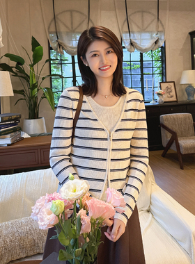 紫璐莱轻尘初静~韩系慵懒撞色条纹假两件V领针织衫长袖上衣女034X