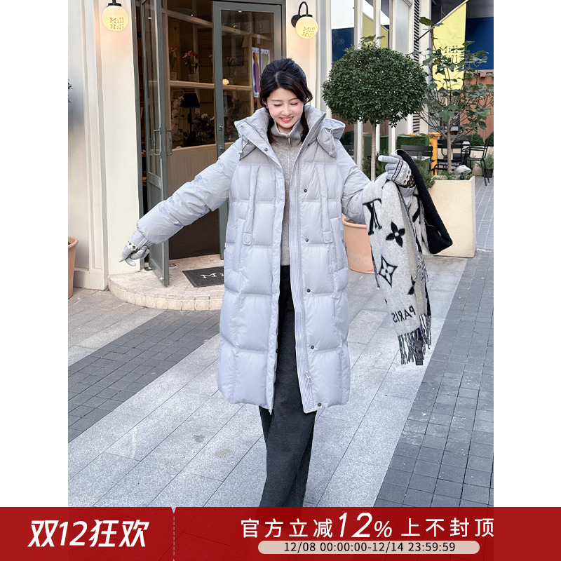 紫璐莱北欧暖冬~90白鸭绒连帽长款防风保暖厚被子羽绒服外套女76X