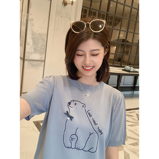 紫璐莱小熊陪伴 T恤上衣女871X 休闲韩系减龄小熊图案冰丝针织短袖