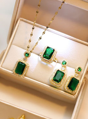 复古绿色宝石项链女高级感小众锁骨链耳钉年潮