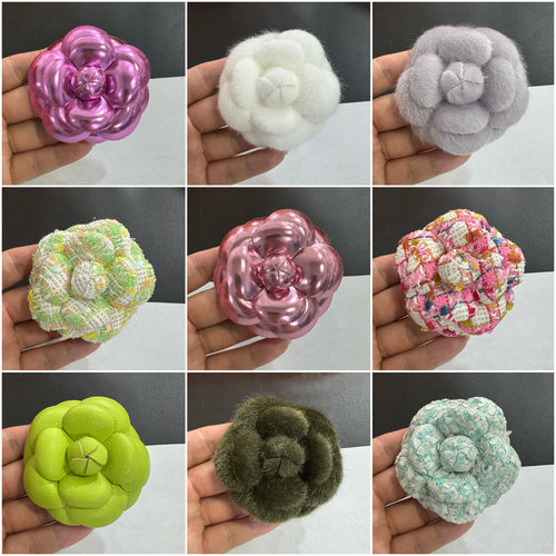 新款6.6cm56个色高端小香风粗花尼定型山茶花饰品胸花加胸针发夹