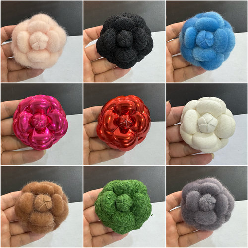 新款6.8cm56个色高端小香风粗花尼定型山茶花饰品胸花加胸针发夹