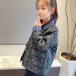 2025春款英伦童装儿童绿色格子翻领薄棉服男女童中性夹棉棉衣外套