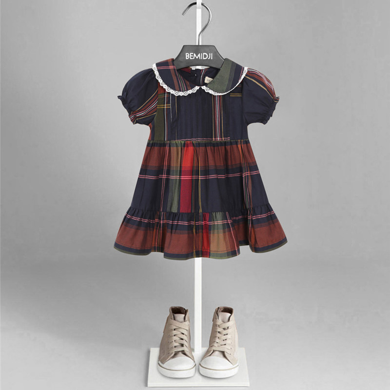 伯米吉bemidji儿童泡泡袖短袖洋气女童公主裙格子翻领连衣裙