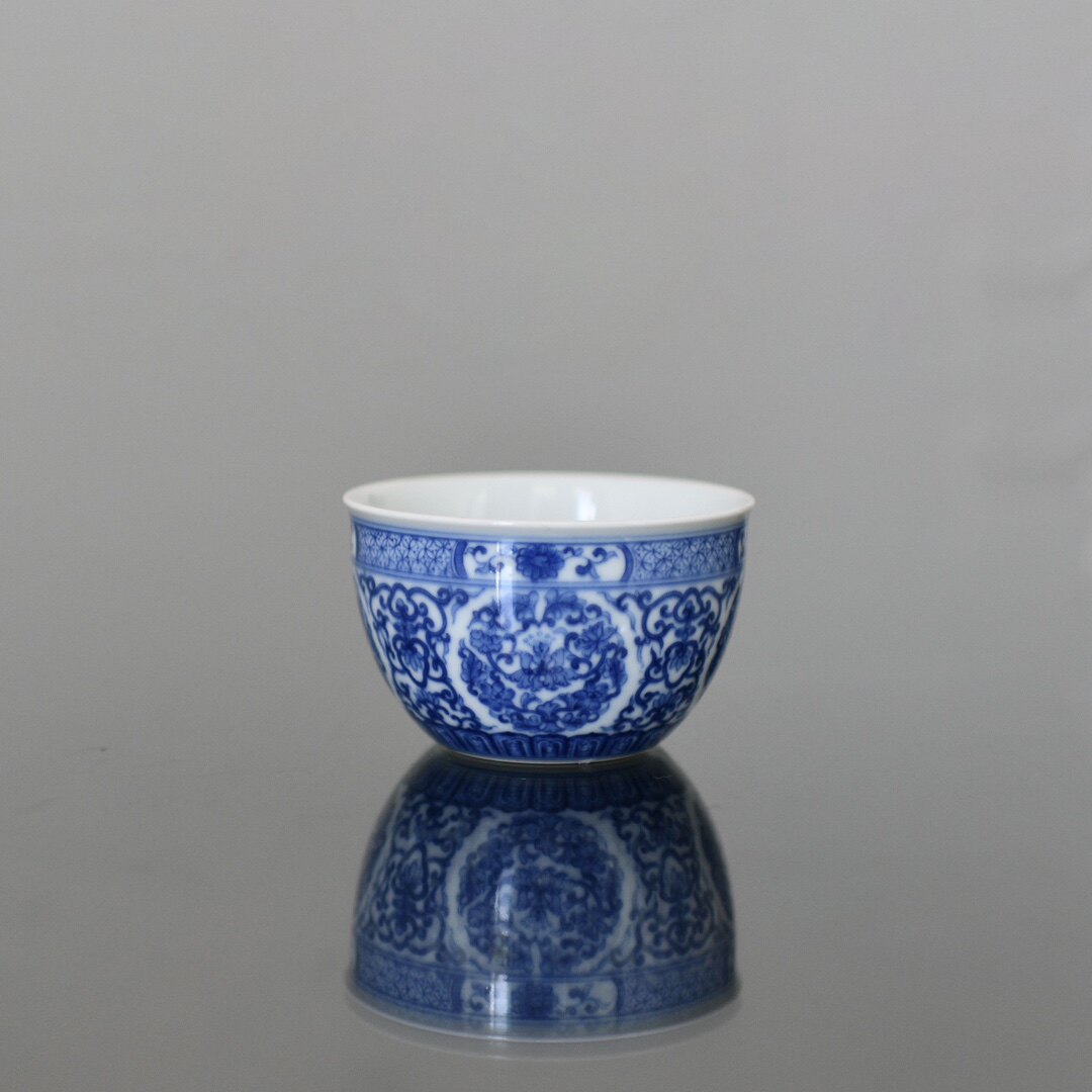 妙色柴窑青花仿古团花缸杯150ml