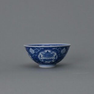 景德镇无尘格古青花内外绘八宝宫碗高端手工手绘陶瓷主人杯