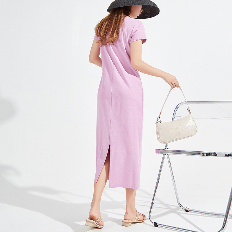 夏季新款中年风紫色开叉连衣裙