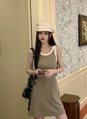 纯棉间色背心连衣裙女夏甜辣收腰显瘦包臀裙短裙灰色裙子