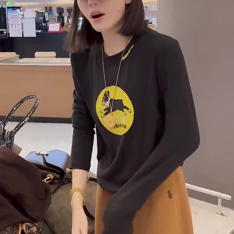 秋冬美式高街狗狗印花百搭休闲显瘦长袖T恤女圆领上衣