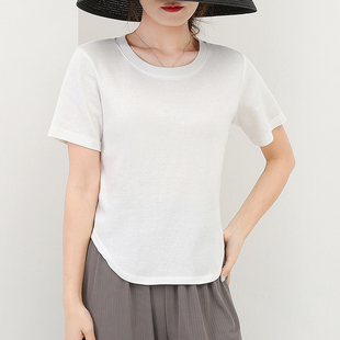 白色韓版圓領純棉寬松顯瘦下擺圓弧不規則短袖T恤夏上衣女打底衫