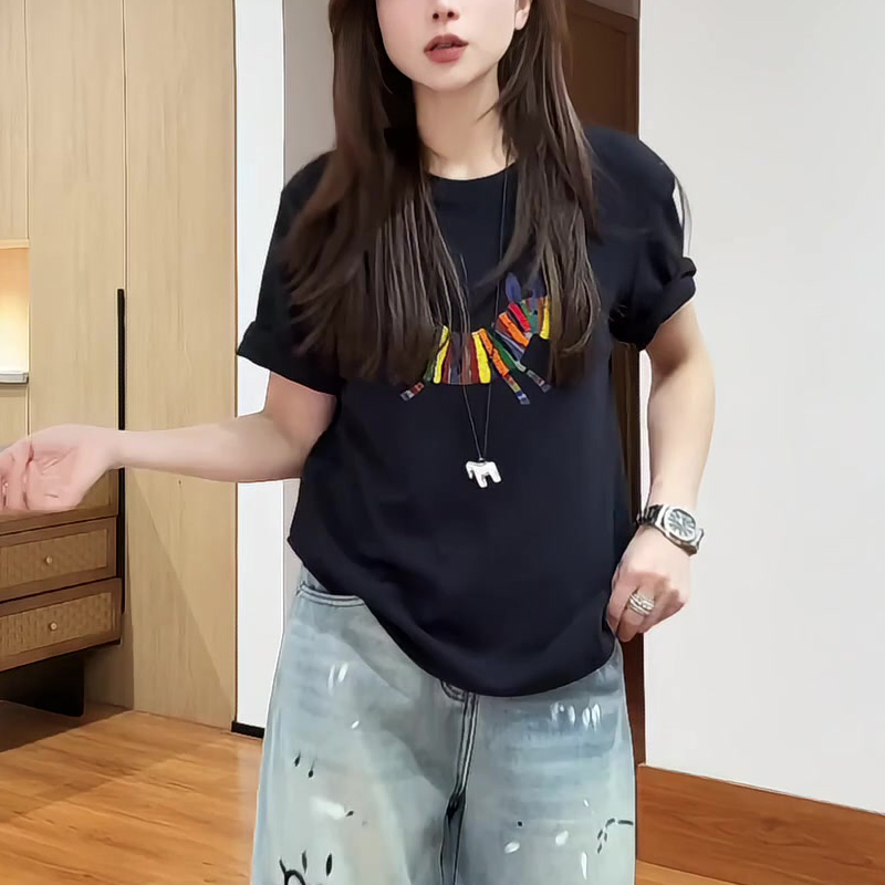 2025冬季新款小众设计极简风彩色小马印花短袖T恤上衣