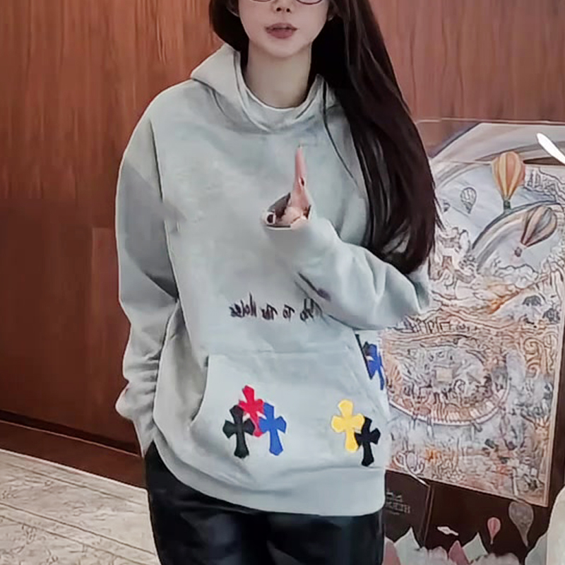 欧洲站春季新款彩色十字架印花连帽卫衣宽松休闲上衣