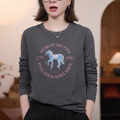 美式复古印花长袖t恤女早秋新款圆领宽松休闲上衣