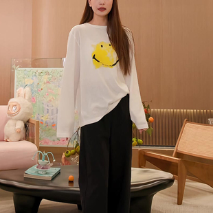美式复古笑脸图案印花长袖t恤女夏季新款时尚百搭宽松上衣