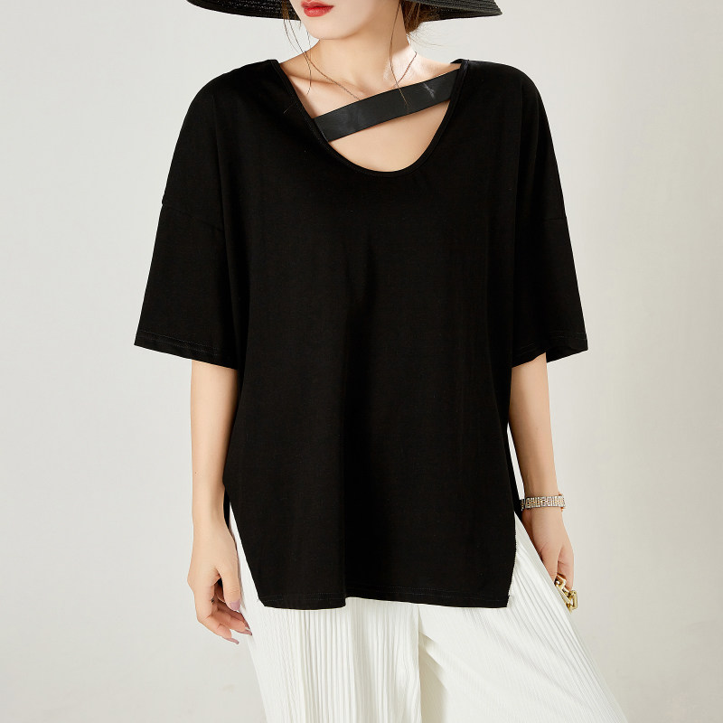 中老年大码女装纯色短袖t恤女夏季韩版宽松休闲纯棉开叉打底上衣