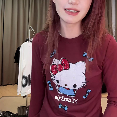 美式秋季新款Hellokitty印花纯棉长袖T恤辣妹修身圆领上衣